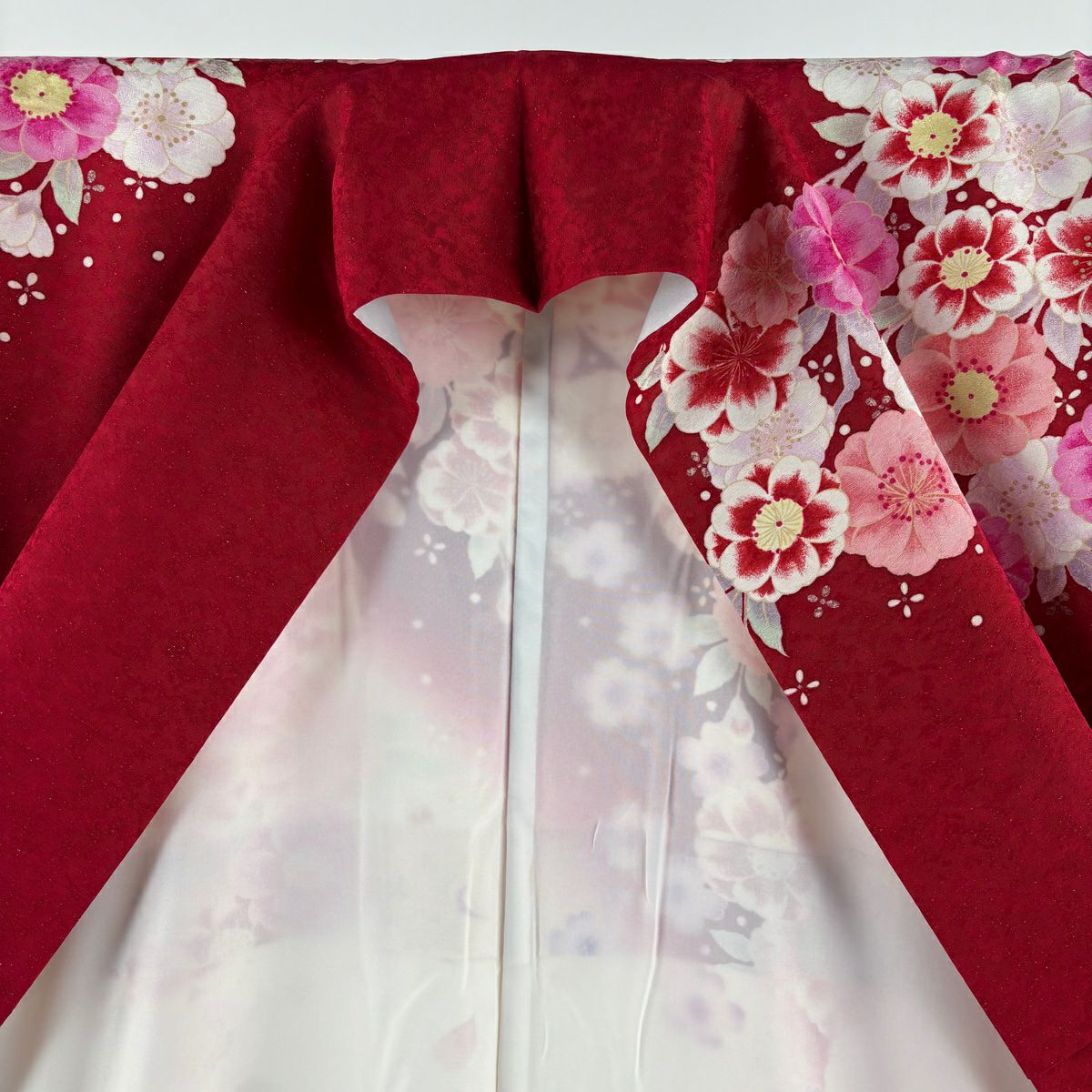 【庫存清倉】振袖禮服 身長167.5cm 袖長66cm M 雙層 手鞠 櫻花 金銀彩 刺繡 紅 純蠶絲 美品 逸品級