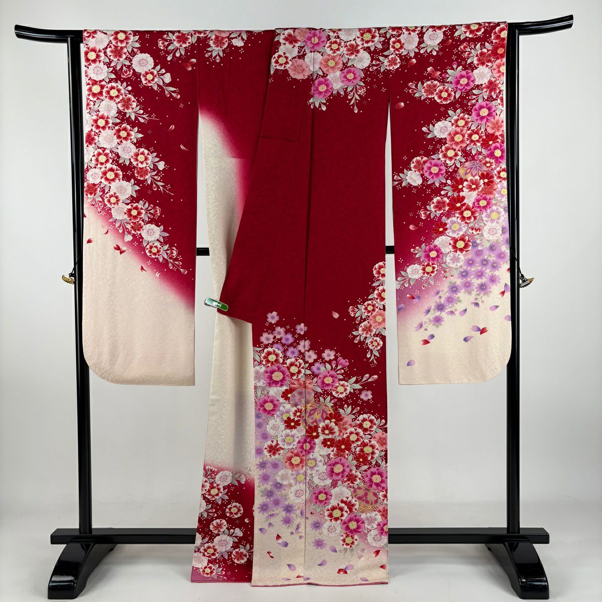 【庫存清倉】振袖禮服 身長167.5cm 袖長66cm M 雙層 手鞠 櫻花 金銀彩 刺繡 紅 純蠶絲 美品 逸品級