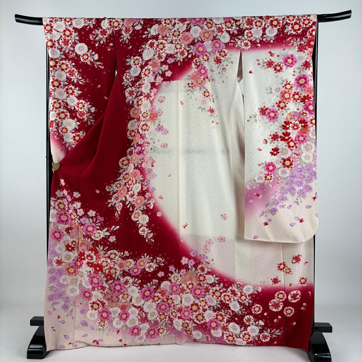 【清倉特賣】振袖禮服 身長171.5cm 袖長67cm M 雙層 手鞠 櫻花 金銀彩 刺繡 紅 純蠶絲 美品 逸品級