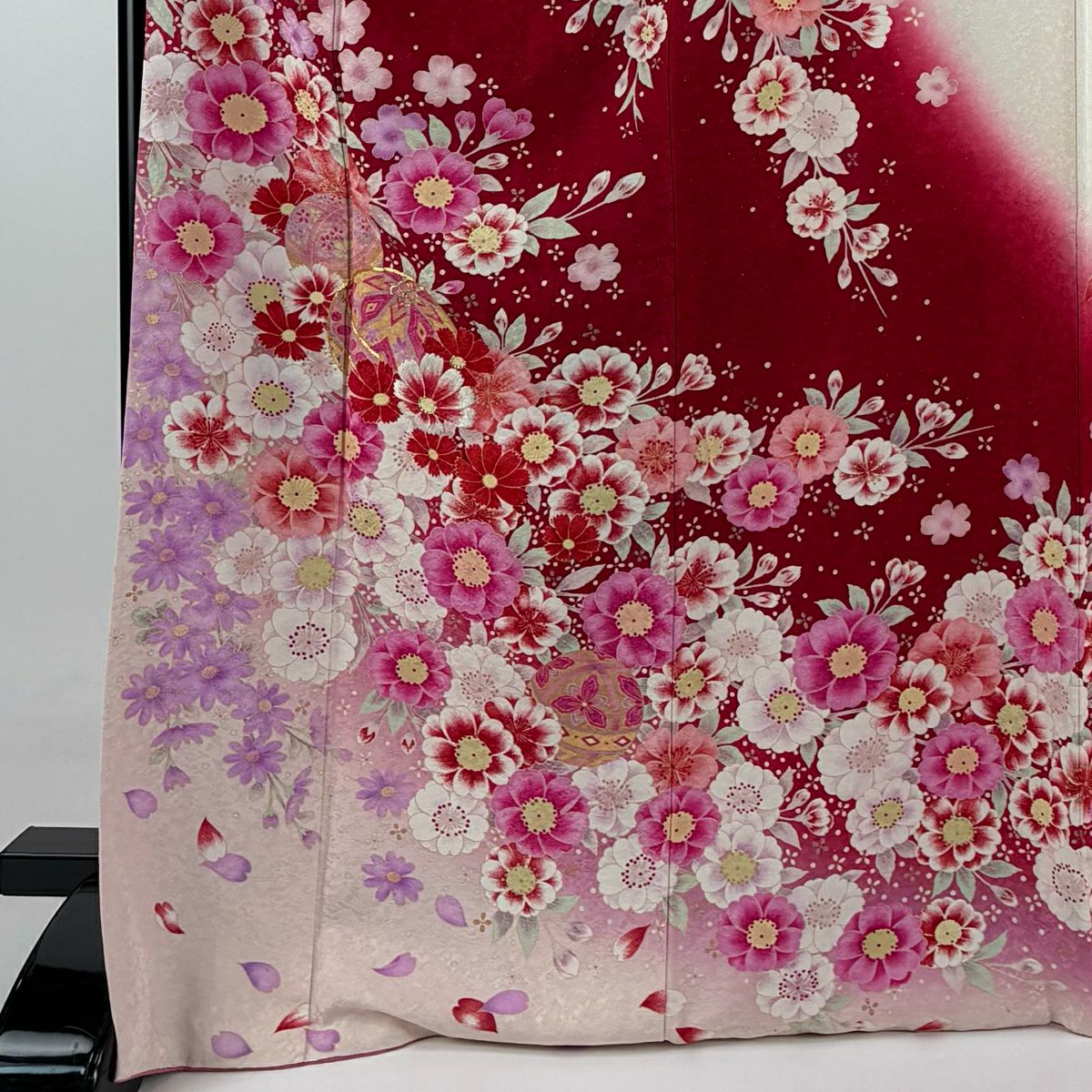 【清倉特賣】振袖禮服 身長171.5cm 袖長67cm M 雙層 手鞠 櫻花 金銀彩 刺繡 紅 純蠶絲 美品 逸品級
