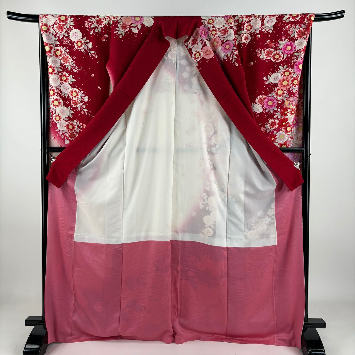 【清倉特賣】振袖禮服 身長171.5cm 袖長67cm M 雙層 手鞠 櫻花 金銀彩 刺繡 紅 純蠶絲 美品 逸品級