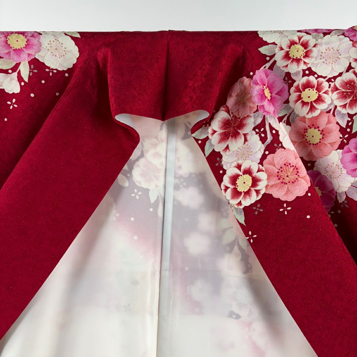 【清倉特賣】振袖禮服 身長171.5cm 袖長67cm M 雙層 手鞠 櫻花 金銀彩 刺繡 紅 純蠶絲 美品 逸品級