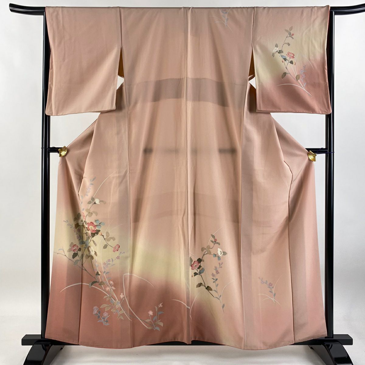 【庫存清倉】訪問服 身長159cm 袖長65.5cm M 雙層 鈴乃屋 枝花 草花紋 漸層 染分 粉紅 純蠶絲 優品級
