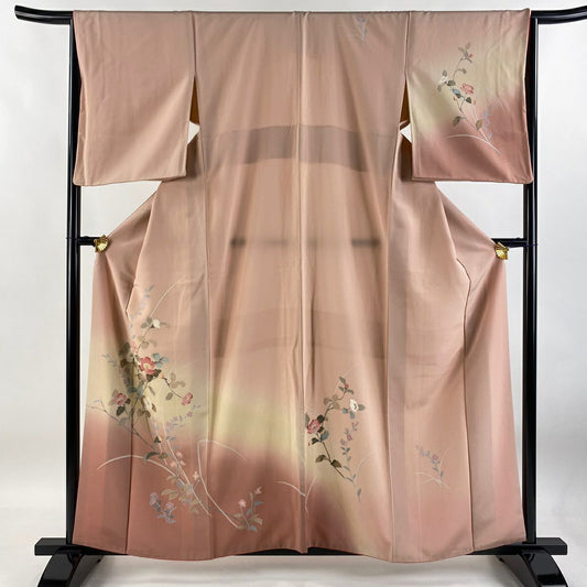 【庫存清倉】訪問服 身長159cm 袖長65.5cm M 雙層 鈴乃屋 枝花 草花紋 漸層 染分 粉紅 純蠶絲 優品級