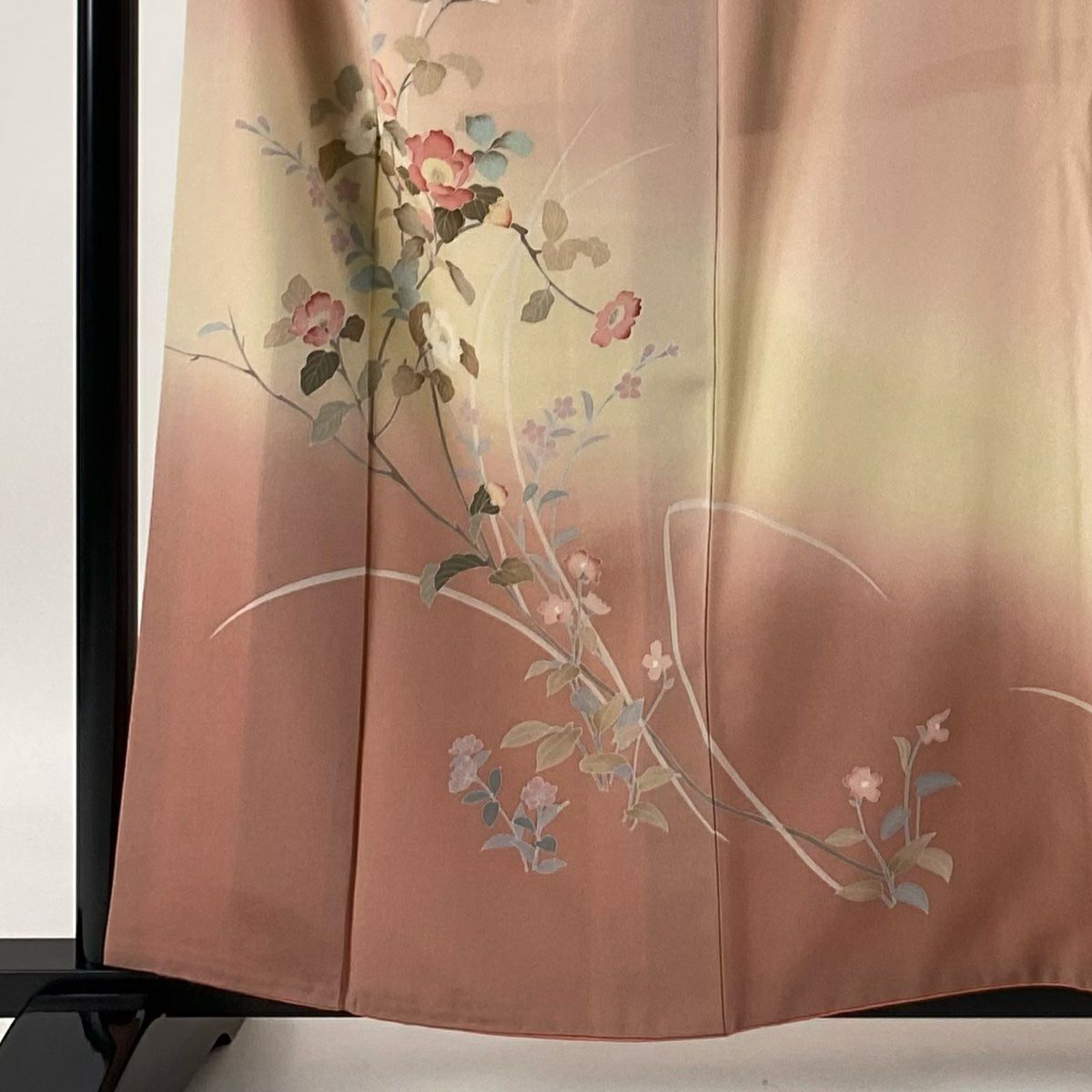 【庫存清倉】訪問服 身長159cm 袖長65.5cm M 雙層 鈴乃屋 枝花 草花紋 漸層 染分 粉紅 純蠶絲 優品級