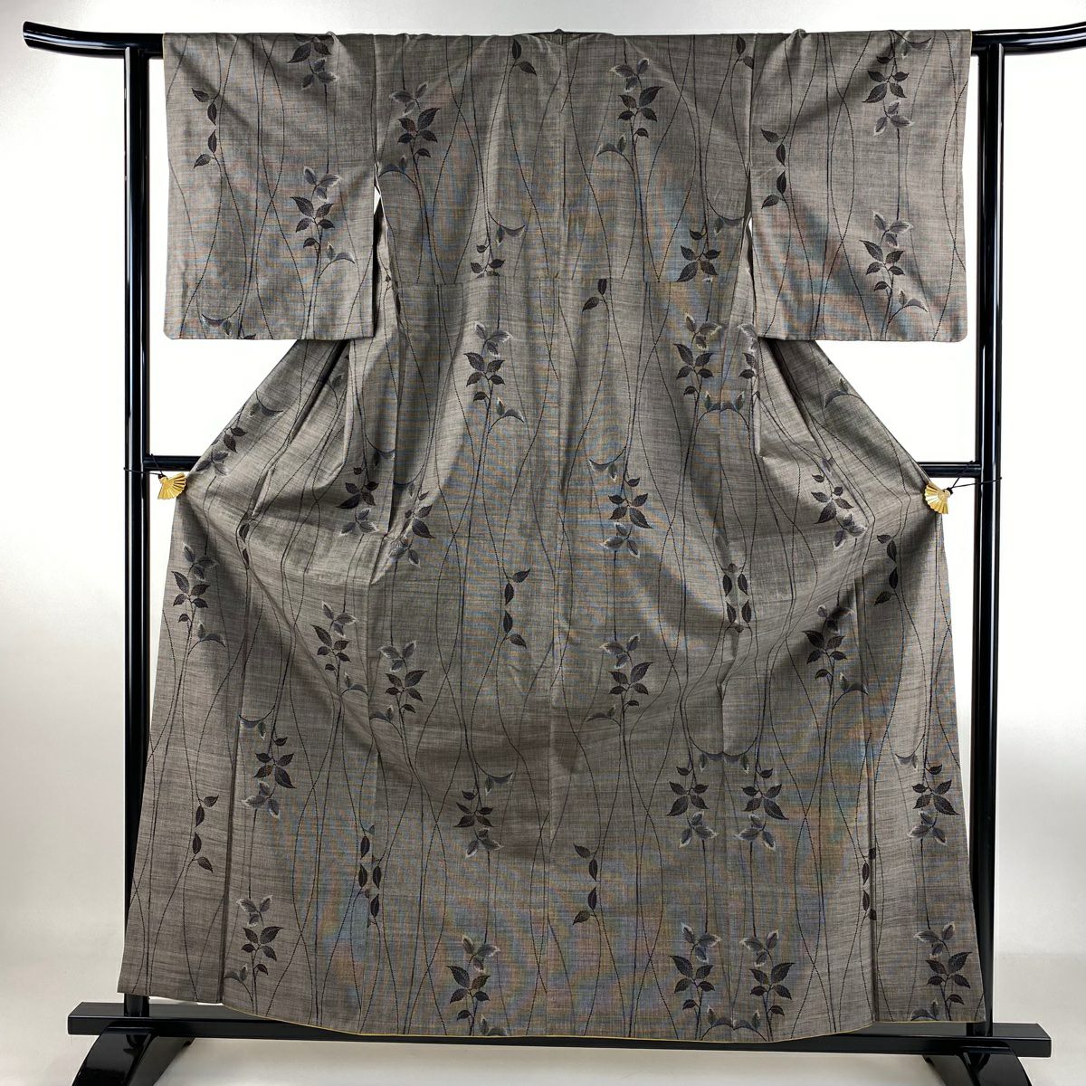 【庫存清倉】 紬織 身長161cm 袖長62cm S 雙層 葉柄 灰茶 純蠶絲 美品 秀品級