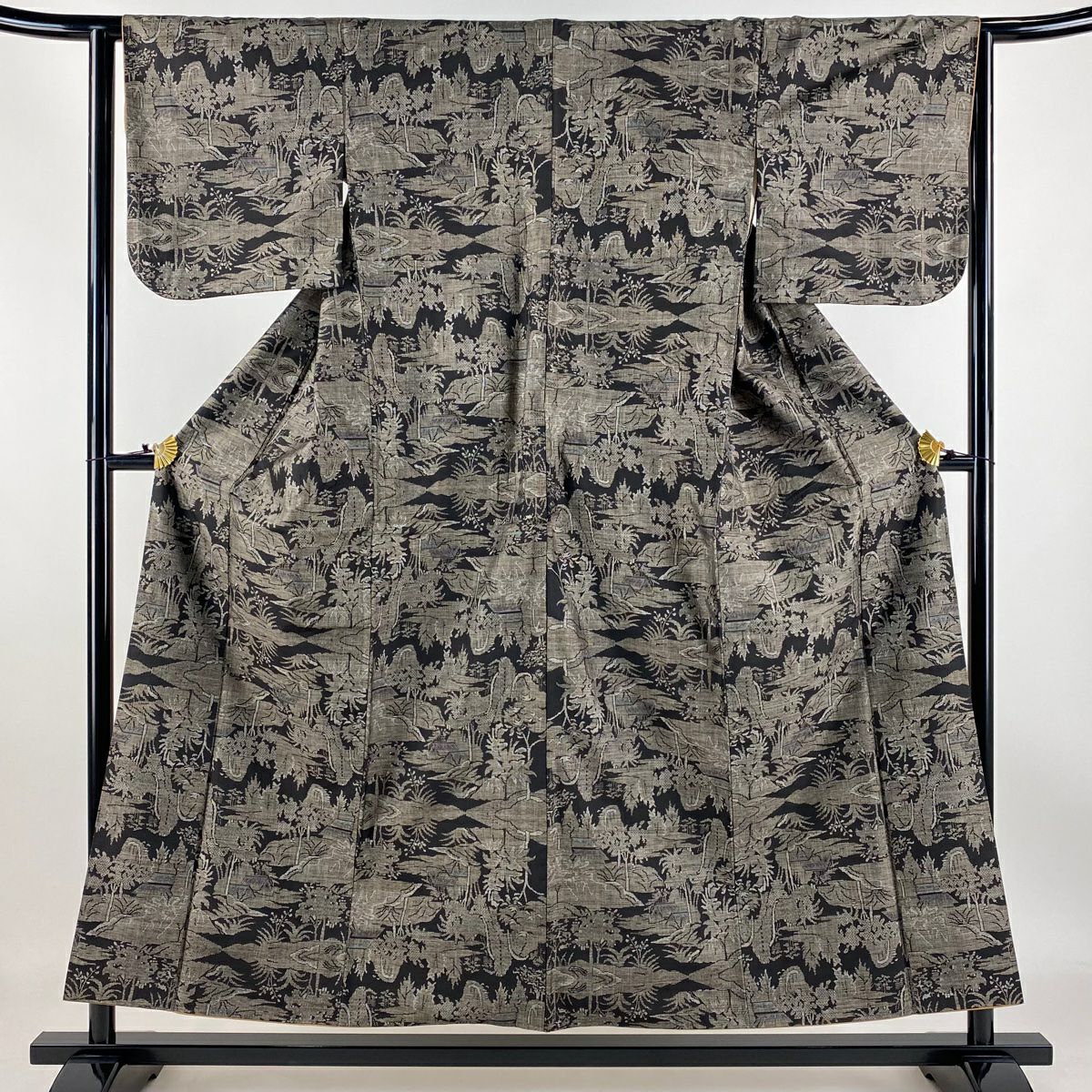 【庫存清倉】 紬織 身長154.5cm 袖長63cm S 雙層 家屋 樹木 墨 黑 純蠶絲 名品級