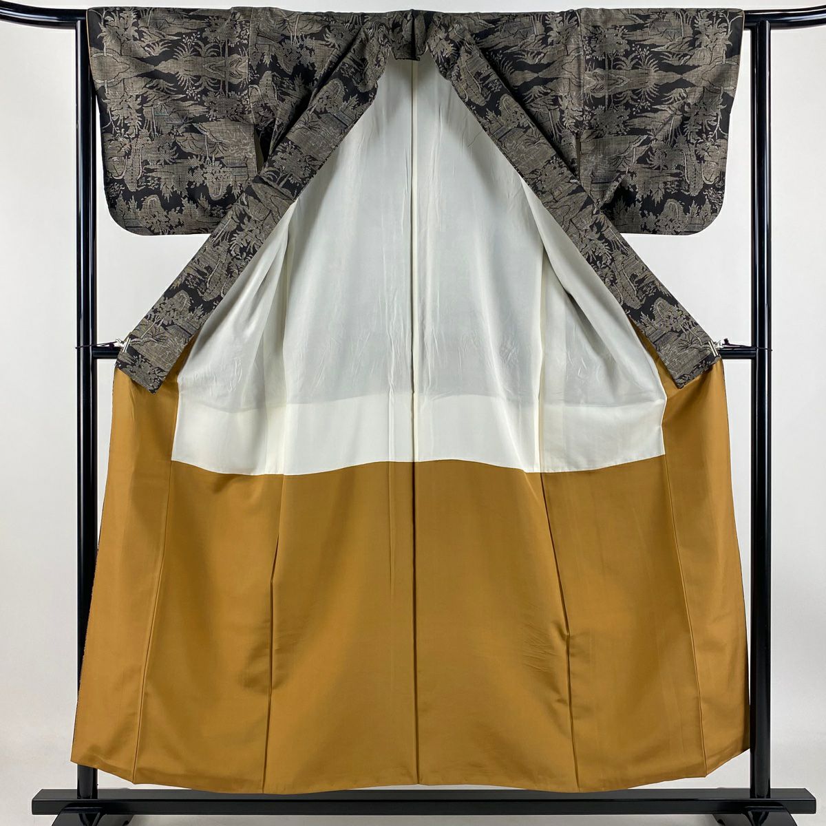 【庫存清倉】 紬織 身長154.5cm 袖長63cm S 雙層 家屋 樹木 墨 黑 純蠶絲 名品級