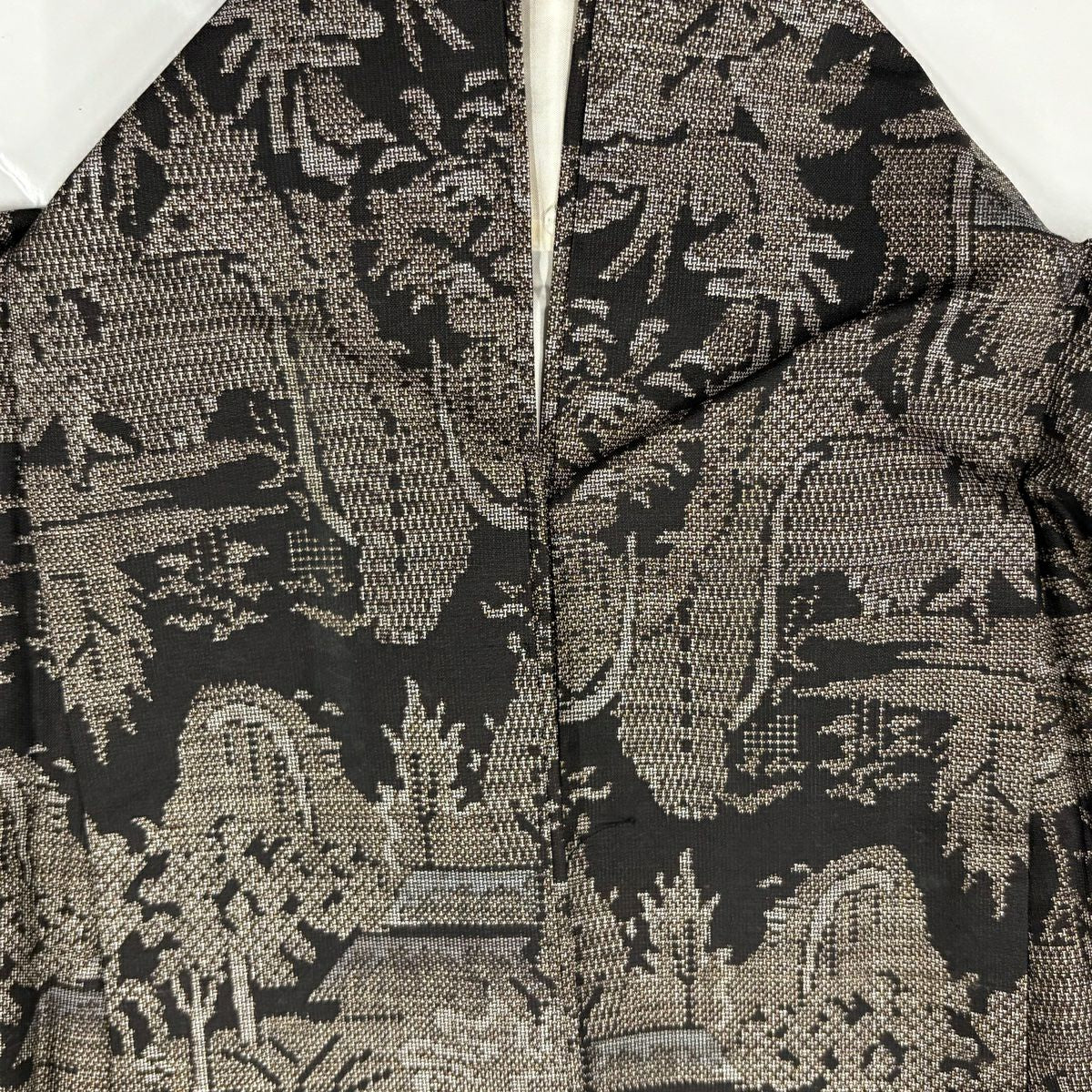 【庫存清倉】 紬織 身長154.5cm 袖長63cm S 雙層 家屋 樹木 墨 黑 純蠶絲 名品級