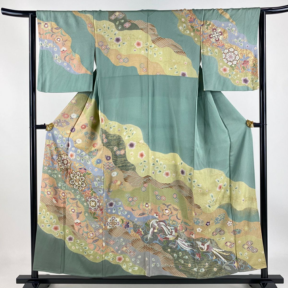 【庫存清倉】訪問服 身長153.5cm 袖長62.5cm S 雙層 華紋 花唐草紋 金銀彩 絞染 淺綠 純蠶絲 名品級