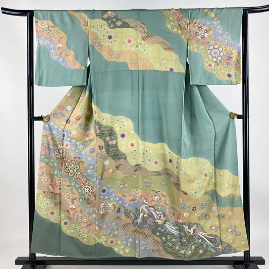 【庫存清倉】訪問服 身長153.5cm 袖長62.5cm S 雙層 華紋 花唐草紋 金銀彩 絞染 淺綠 純蠶絲 名品級