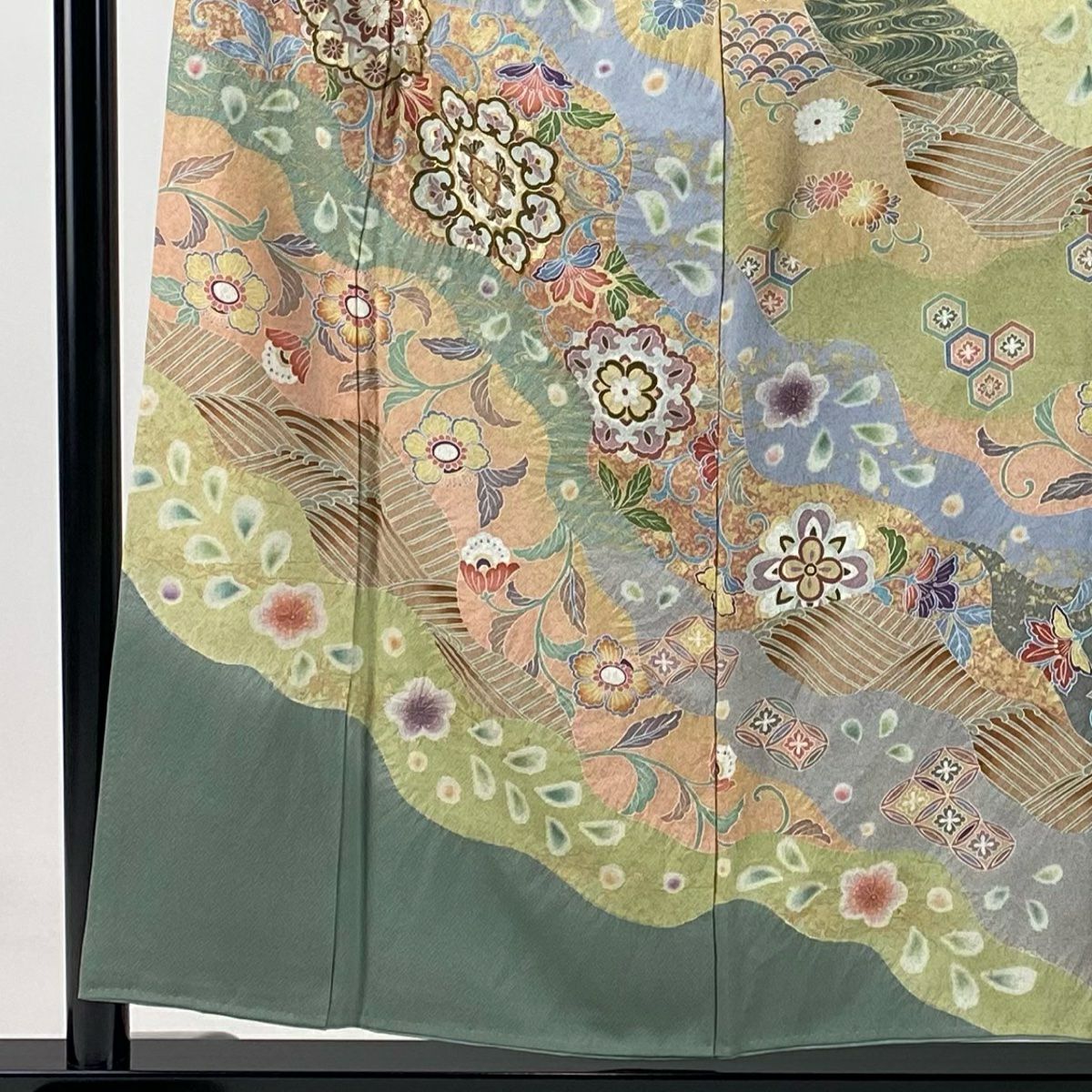 【庫存清倉】訪問服 身長153.5cm 袖長62.5cm S 雙層 華紋 花唐草紋 金銀彩 絞染 淺綠 純蠶絲 名品級