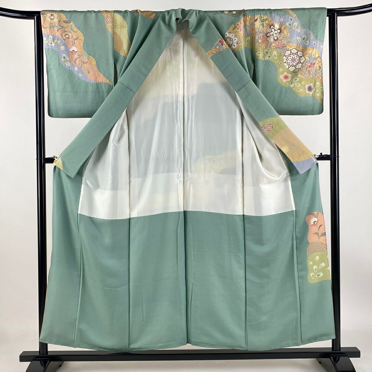 【庫存清倉】訪問服 身長153.5cm 袖長62.5cm S 雙層 華紋 花唐草紋 金銀彩 絞染 淺綠 純蠶絲 名品級