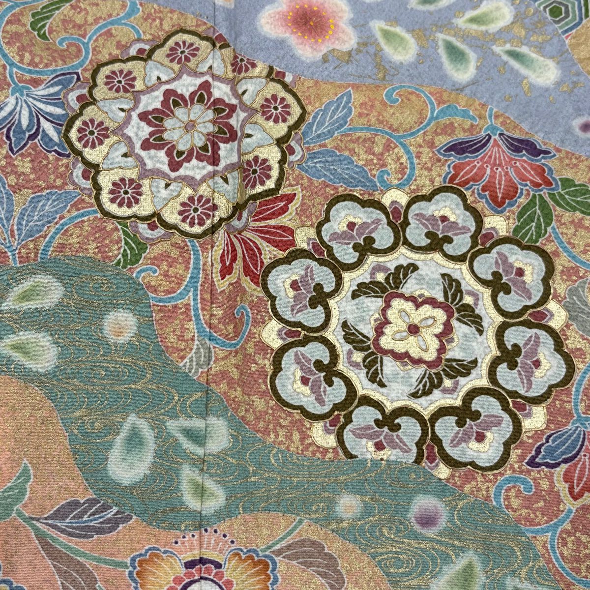 【庫存清倉】訪問服 身長153.5cm 袖長62.5cm S 雙層 華紋 花唐草紋 金銀彩 絞染 淺綠 純蠶絲 名品級