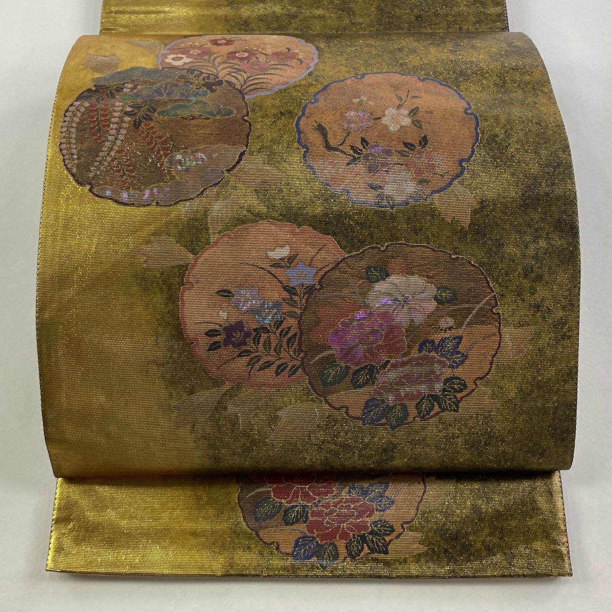 【庫存清倉】 袋帶 美品 名品級 雪輪 牡丹 螺鈿金金箔 金茶 大鼓圖案 純蠶絲
