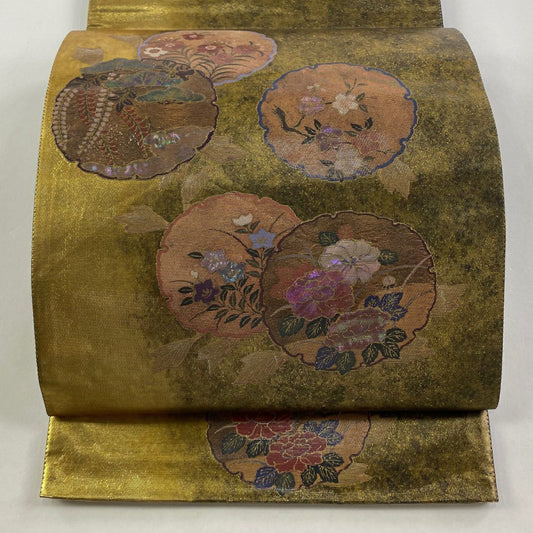 【庫存清倉】 袋帶 美品 名品級 雪輪 牡丹 螺鈿金金箔 金茶 大鼓圖案 純蠶絲