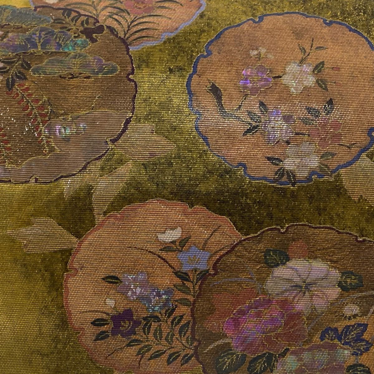 【庫存清倉】 袋帶 美品 名品級 雪輪 牡丹 螺鈿金金箔 金茶 大鼓圖案 純蠶絲