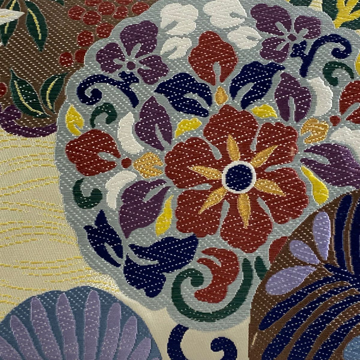 【庫存清倉】 袋帶 美品 名品級 松樹竹子梅花 草花紋 金糸 米色 六通 純蠶絲