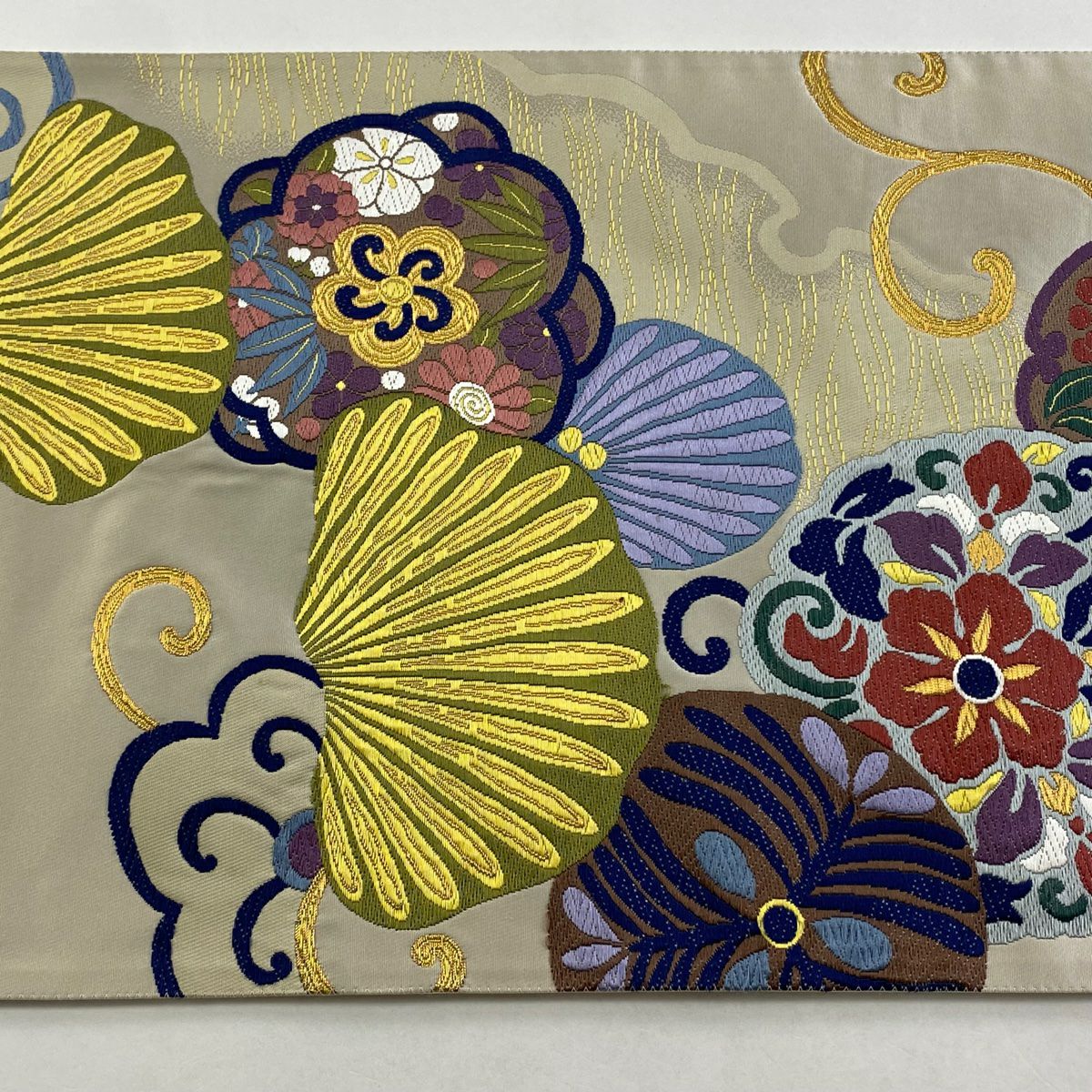 【庫存清倉】 袋帶 美品 名品級 松樹竹子梅花 草花紋 金糸 米色 六通 純蠶絲