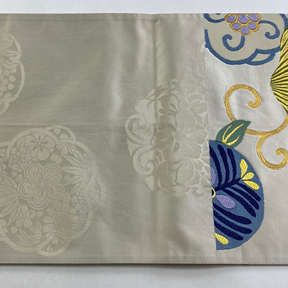 【庫存清倉】 袋帶 美品 名品級 松樹竹子梅花 草花紋 金糸 米色 六通 純蠶絲