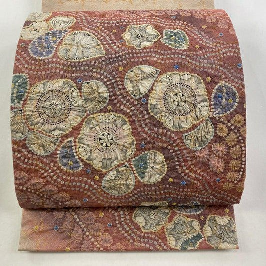 【庫存清倉】 袋帶 美品 名品級 草花紋紋 金金箔 粉紅色 大鼓圖案 純蠶絲