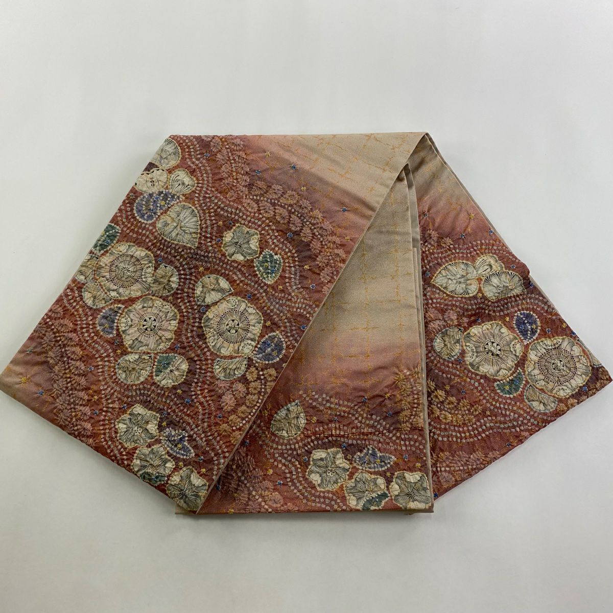 【庫存清倉】 袋帶 美品 名品級 草花紋紋 金金箔 粉紅色 大鼓圖案 純蠶絲