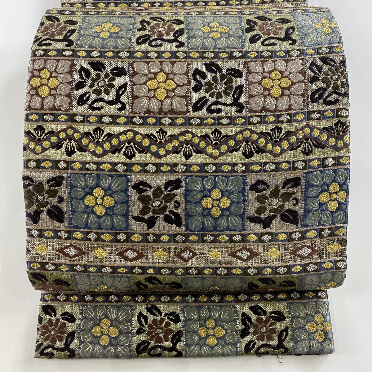 【庫存清倉】 袋帶 名品級 草花紋紋 段紋刺繡 金銀彩 灰 深藍 六通 純蠶絲