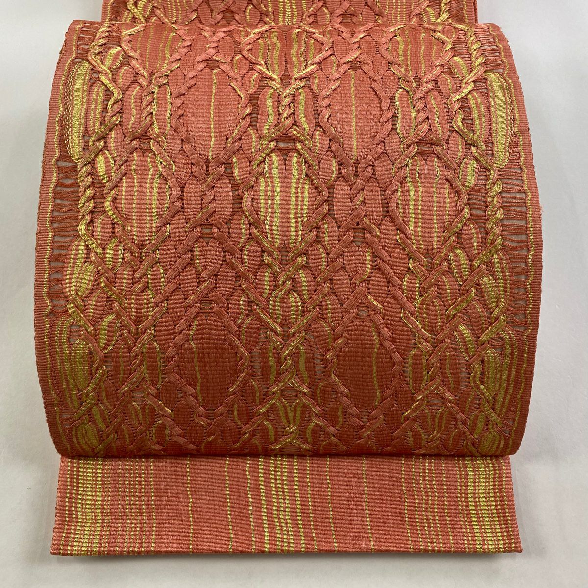【庫存清倉】 袋帶 美品 名品級 條紋 幾何學 金絲 鮭粉色 全通 純蠶絲
