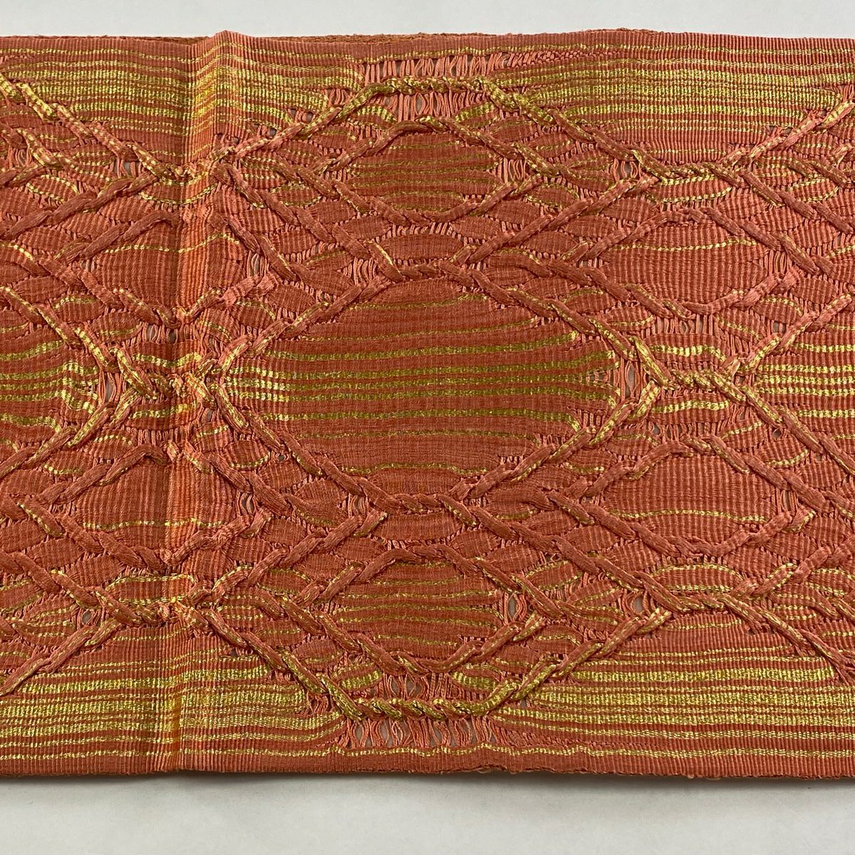 【庫存清倉】 袋帶 美品 名品級 條紋 幾何學 金絲 鮭粉色 全通 純蠶絲