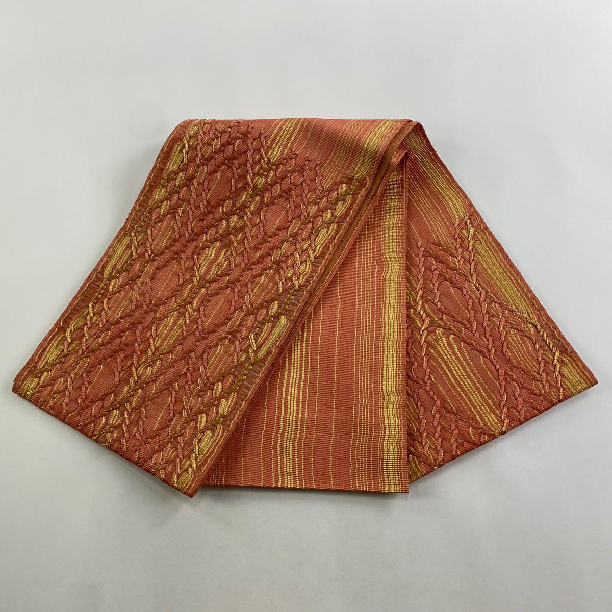 【庫存清倉】 袋帶 美品 名品級 條紋 幾何學 金絲 鮭粉色 全通 純蠶絲