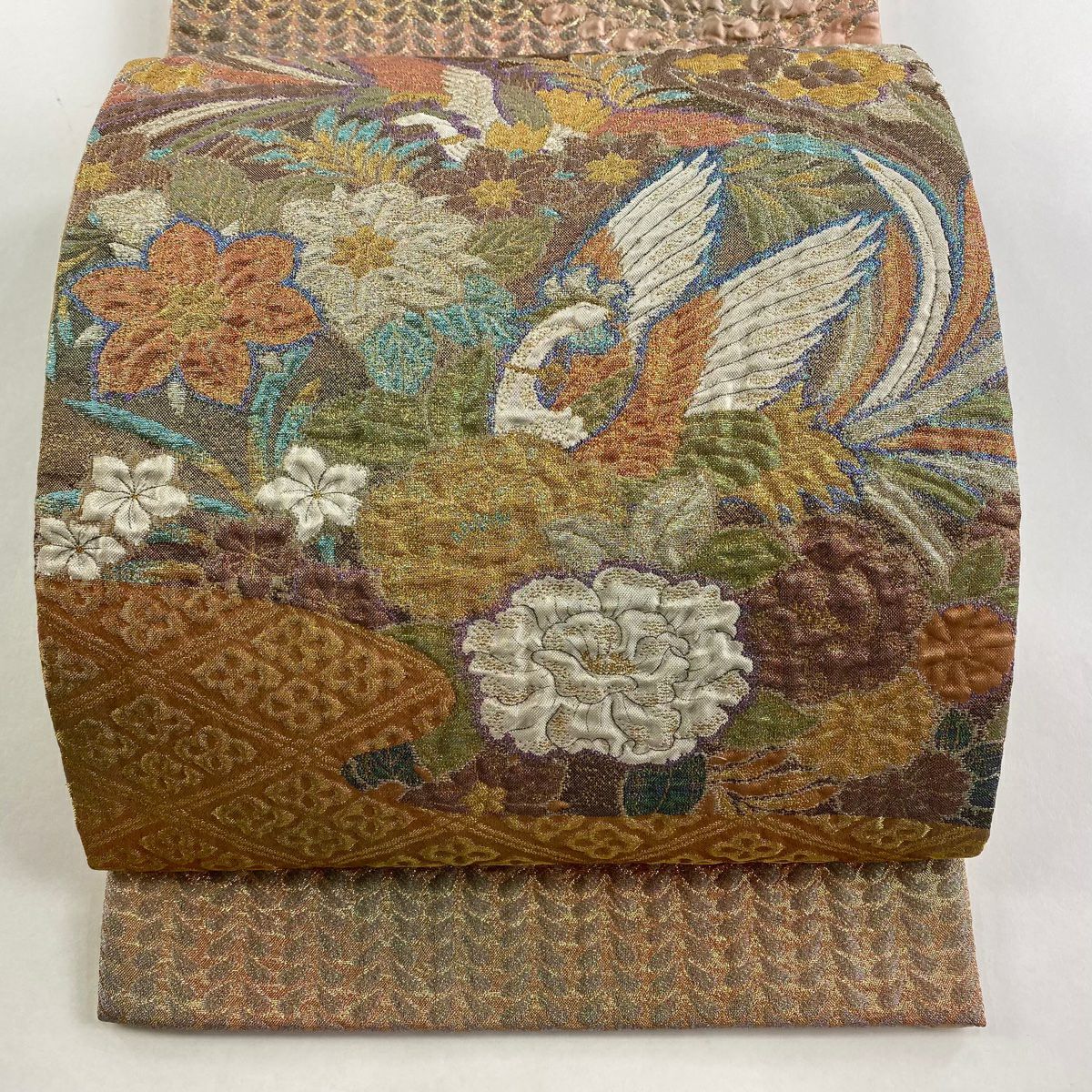 【庫存清倉】 袋帶 美品 名品級 花鳥 菱 金絲 金金箔 淺橙色 大鼓圖案 純蠶絲