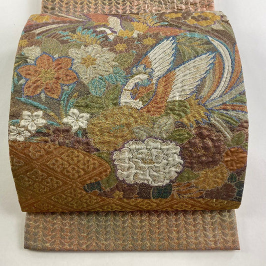 【庫存清倉】 袋帶 美品 名品級 花鳥 菱 金絲 金金箔 淺橙色 大鼓圖案 純蠶絲