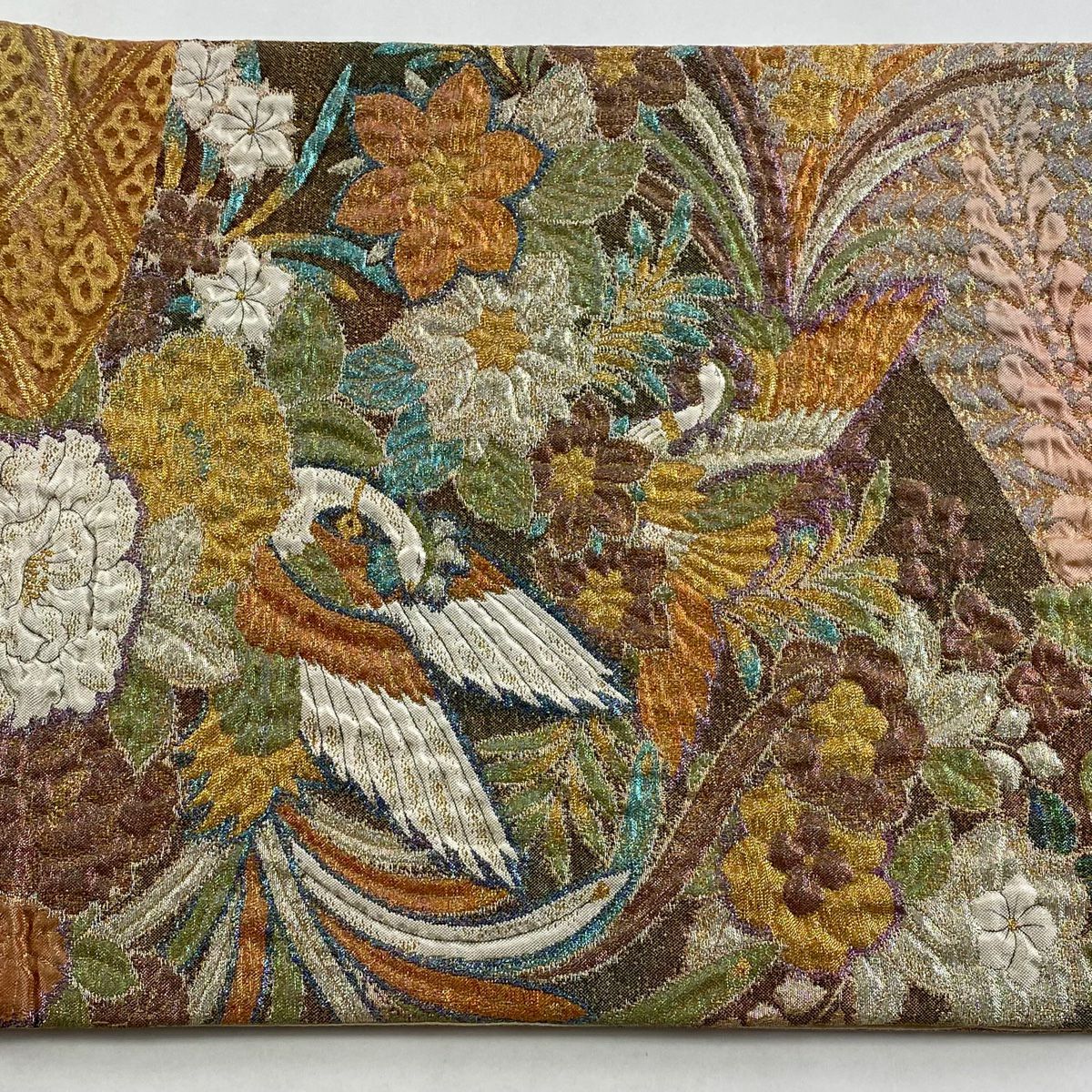 【庫存清倉】 袋帶 美品 名品級 花鳥 菱 金絲 金金箔 淺橙色 大鼓圖案 純蠶絲