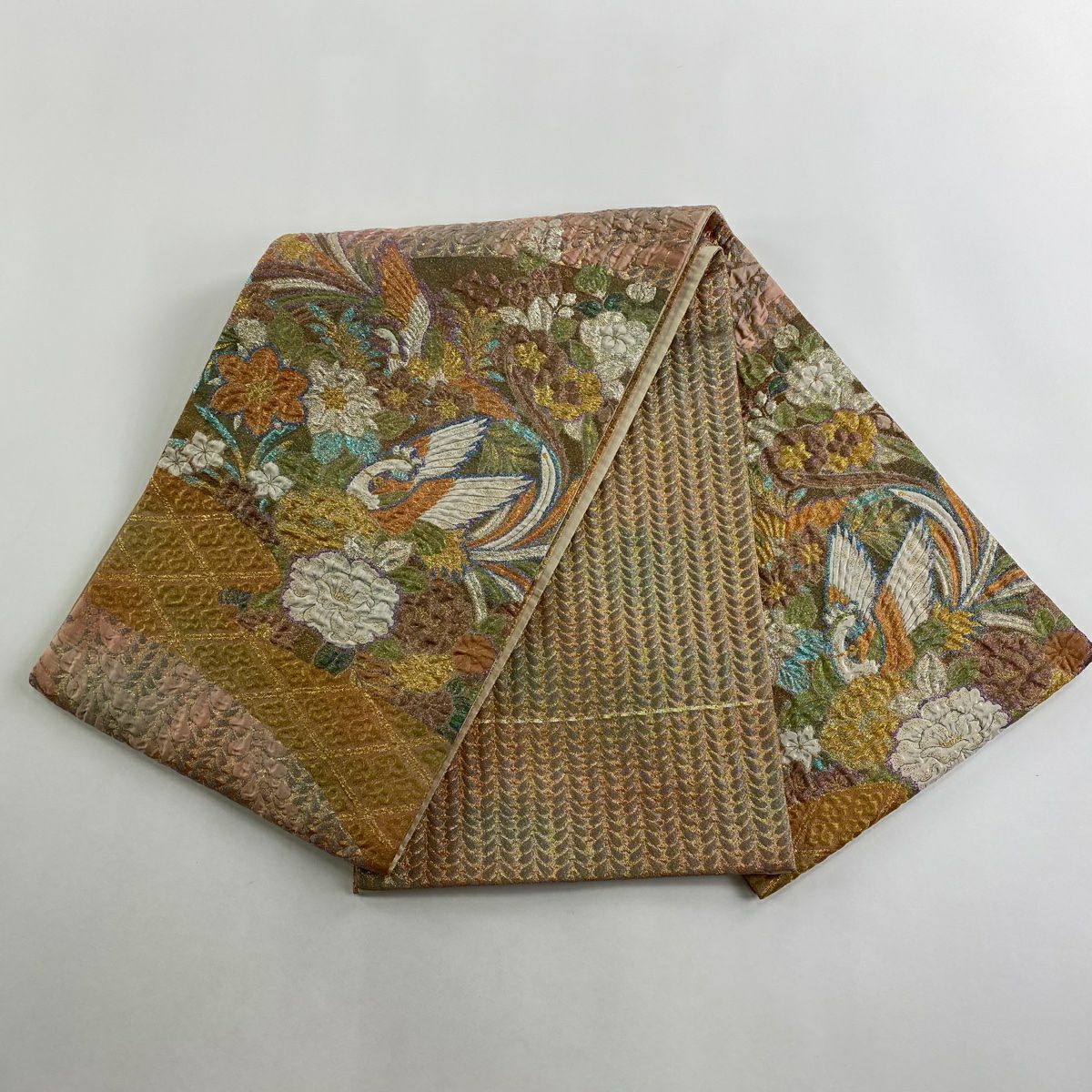 【庫存清倉】 袋帶 美品 名品級 花鳥 菱 金絲 金金箔 淺橙色 大鼓圖案 純蠶絲