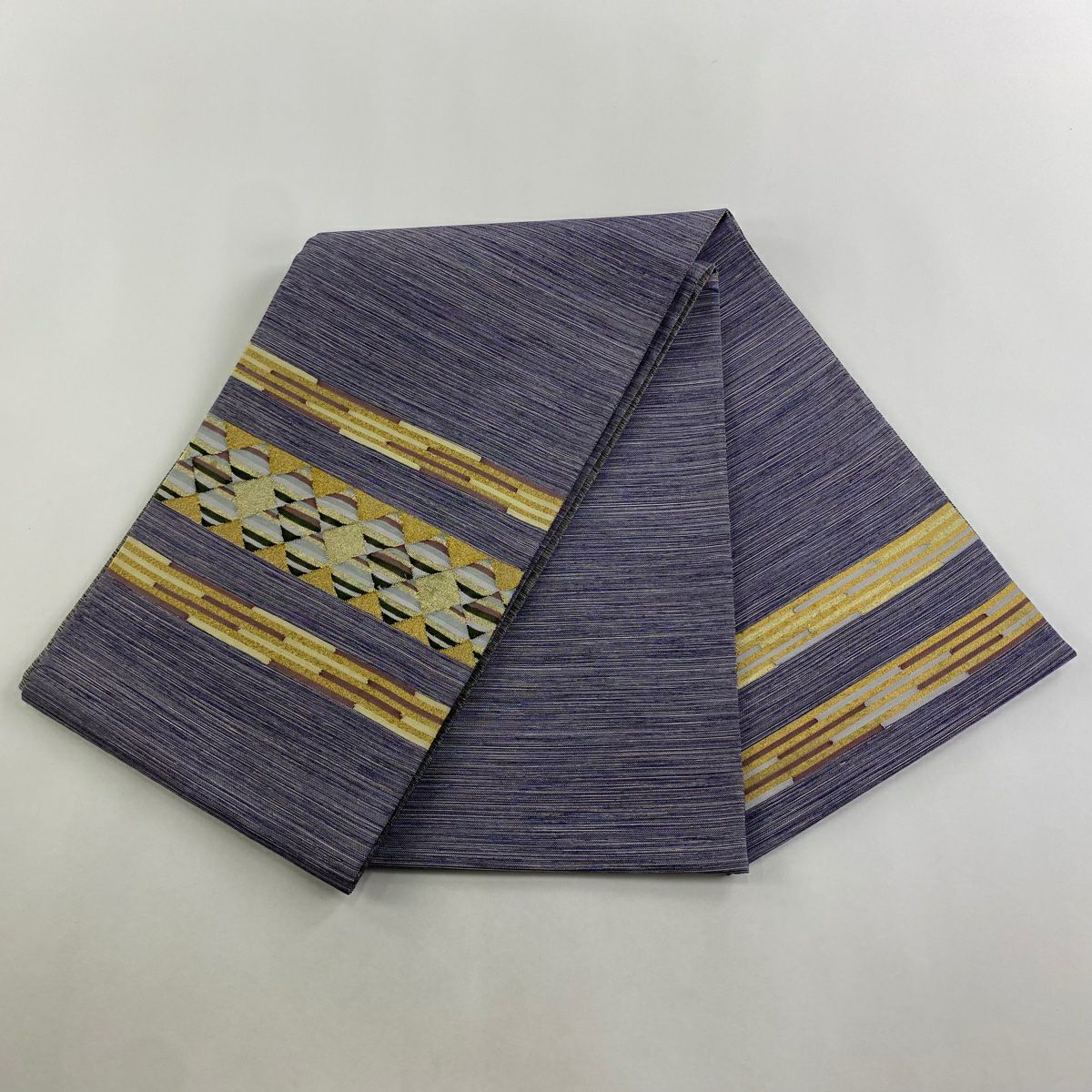 【庫存清倉】 袋帶 美品 名品級 幾何學 縞 金絲 青紫 大鼓圖案 純蠶絲