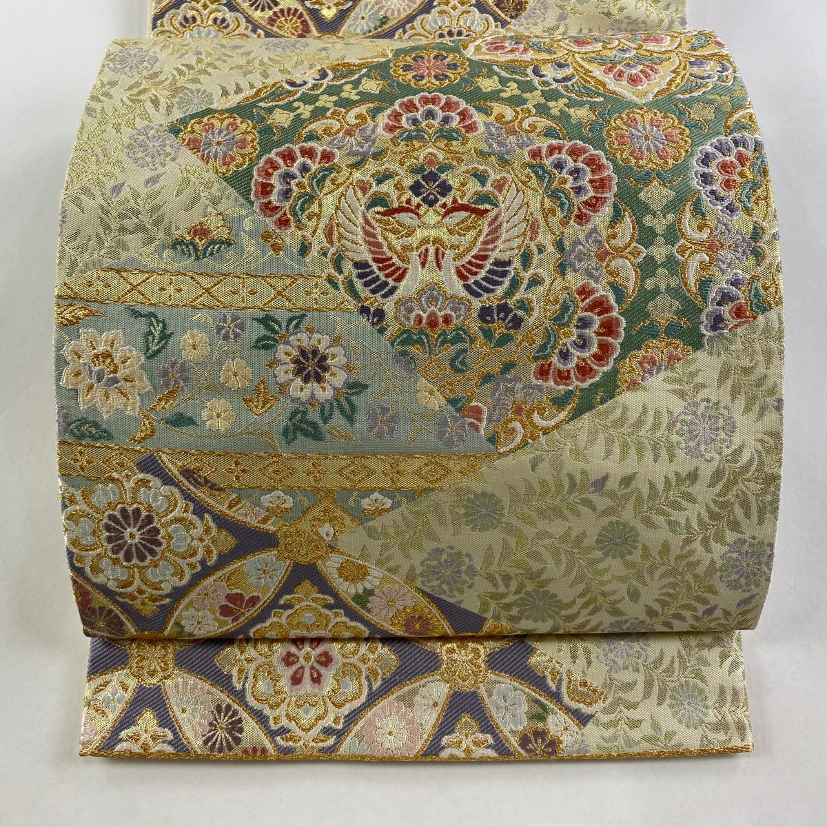 【清倉特賣】 袋帶 美品 名品級 向鳥 七寶 金絲 金金箔 淺黃 六通 純蠶絲