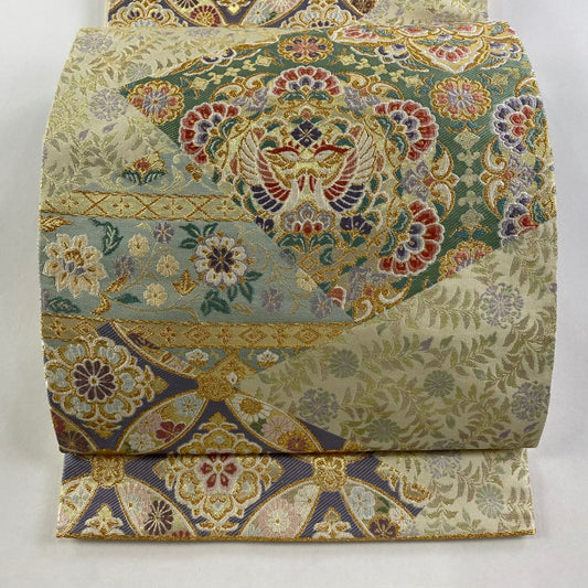 【清倉特賣】 袋帶 美品 名品級 向鳥 七寶 金絲 金金箔 淺黃 六通 純蠶絲