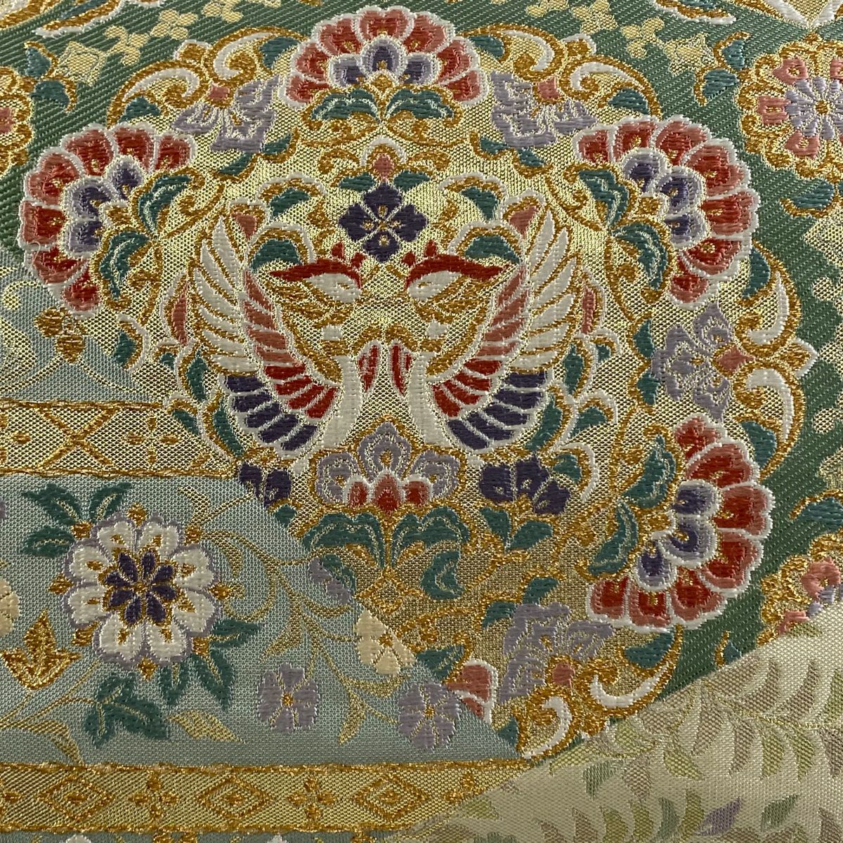 【清倉特賣】 袋帶 美品 名品級 向鳥 七寶 金絲 金金箔 淺黃 六通 純蠶絲