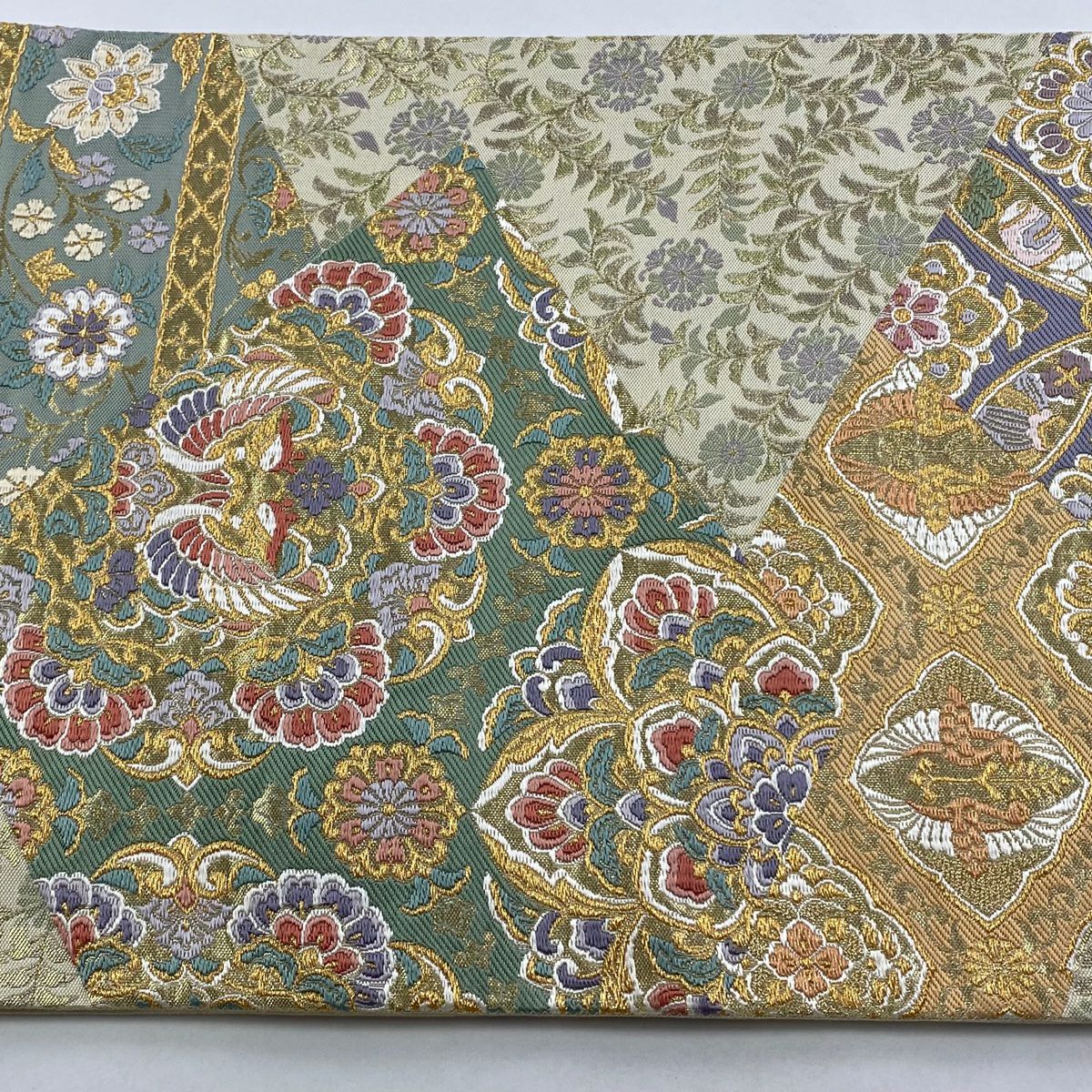 【清倉特賣】 袋帶 美品 名品級 向鳥 七寶 金絲 金金箔 淺黃 六通 純蠶絲