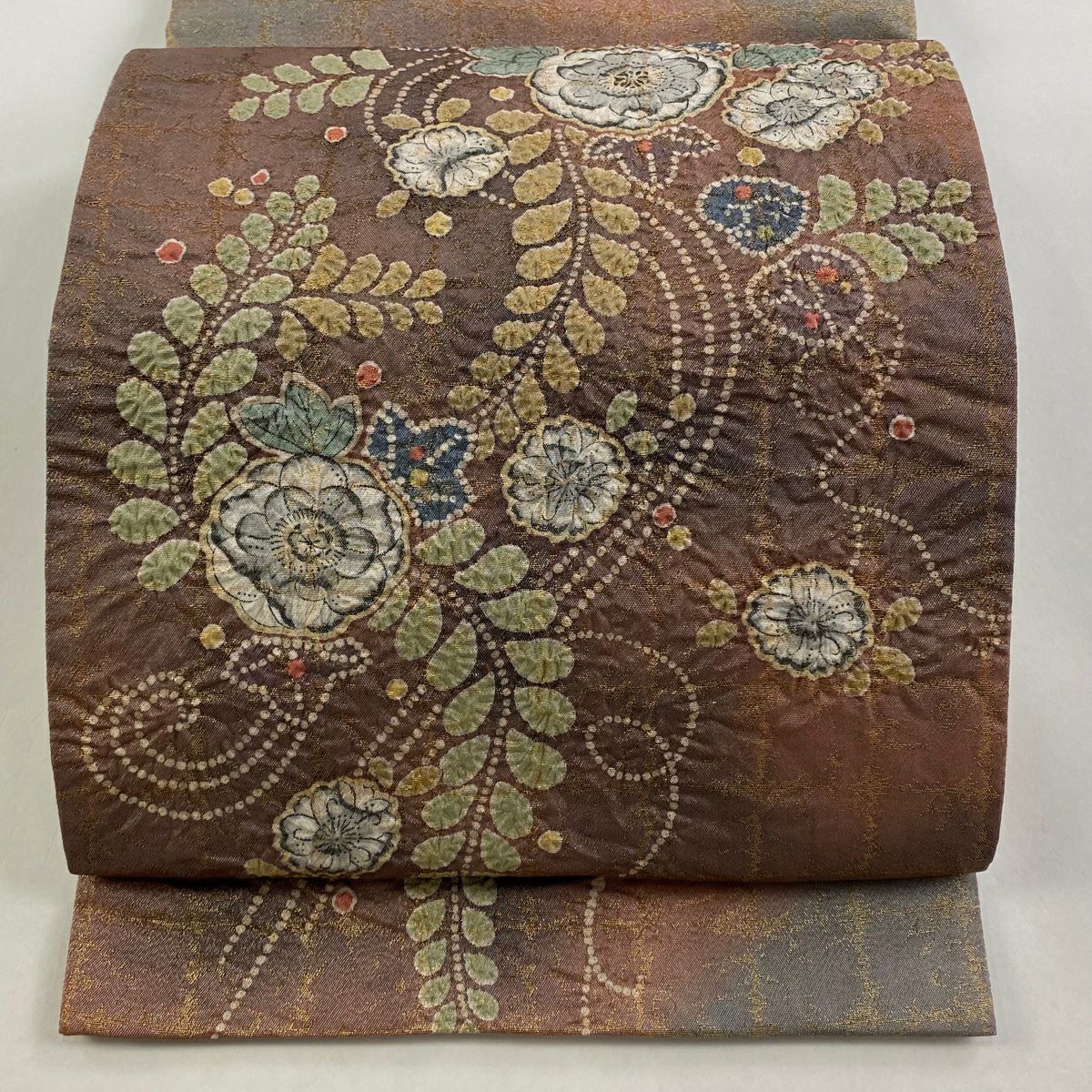 【庫存清倉】 袋帶 美品 名品級 辻花染 格子 銀線 金金箔 小豆色 大鼓圖案 純蠶絲