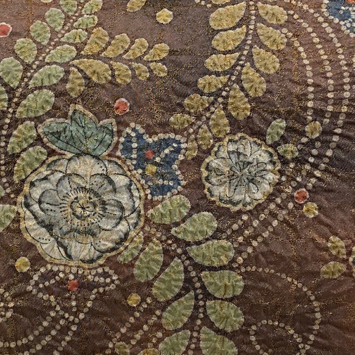 【庫存清倉】 袋帶 美品 名品級 辻花染 格子 銀線 金金箔 小豆色 大鼓圖案 純蠶絲