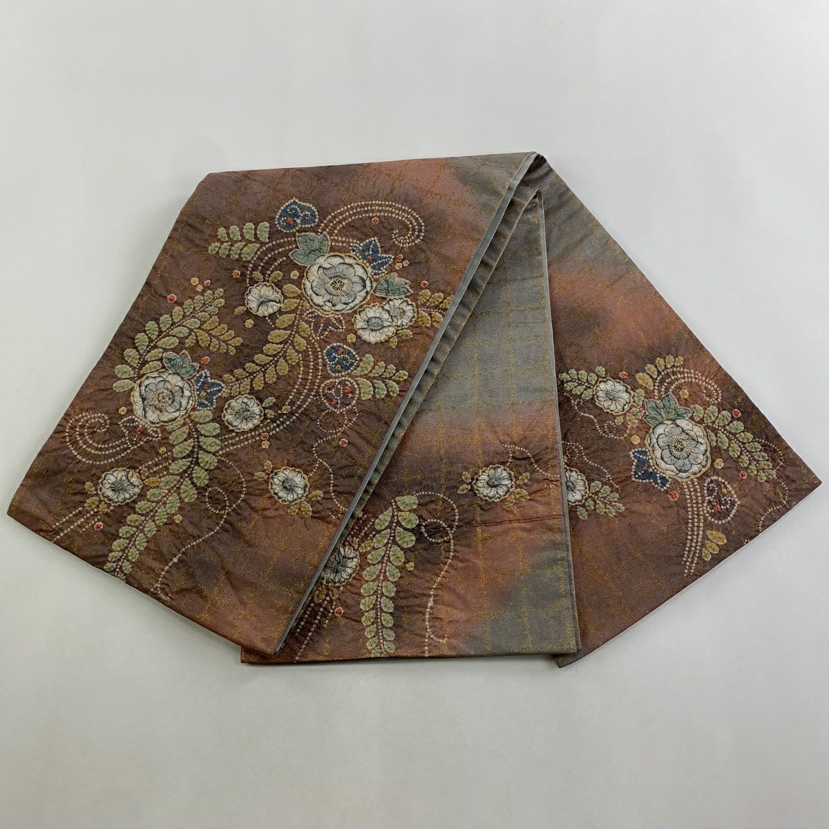 【庫存清倉】 袋帶 美品 名品級 辻花染 格子 銀線 金金箔 小豆色 大鼓圖案 純蠶絲
