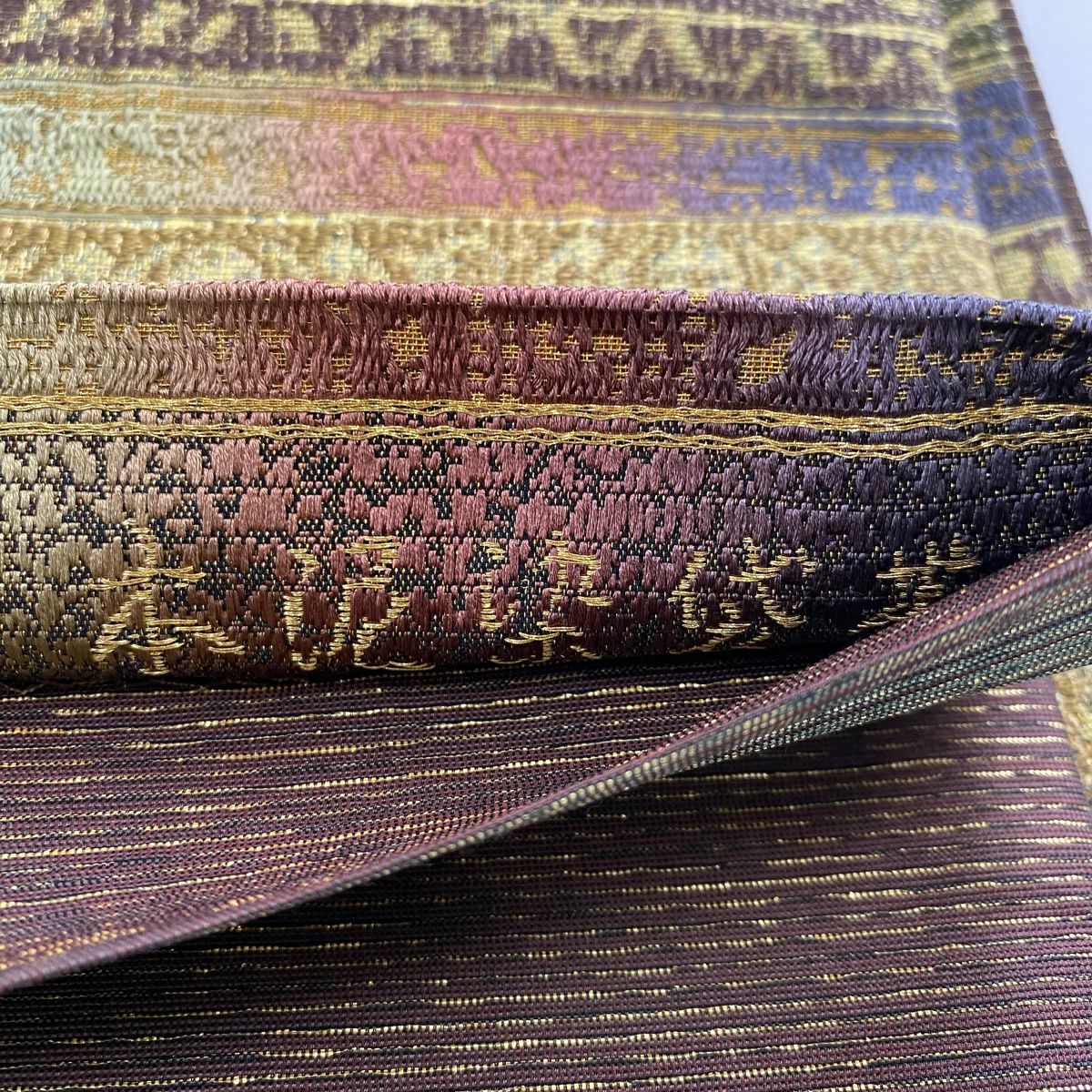 【庫存清倉】 袋帶 美品 名品級 段紋 菱形 金絲 金金箔 灰綠 六通 純蠶絲