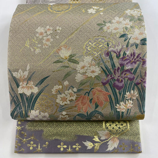 【庫存清倉】 袋帶 名品級 手先二通り 四季彩花紋 吉祥有職紋 刺繡 金金箔 灰紫 お太鼓圖案 純蠶絲