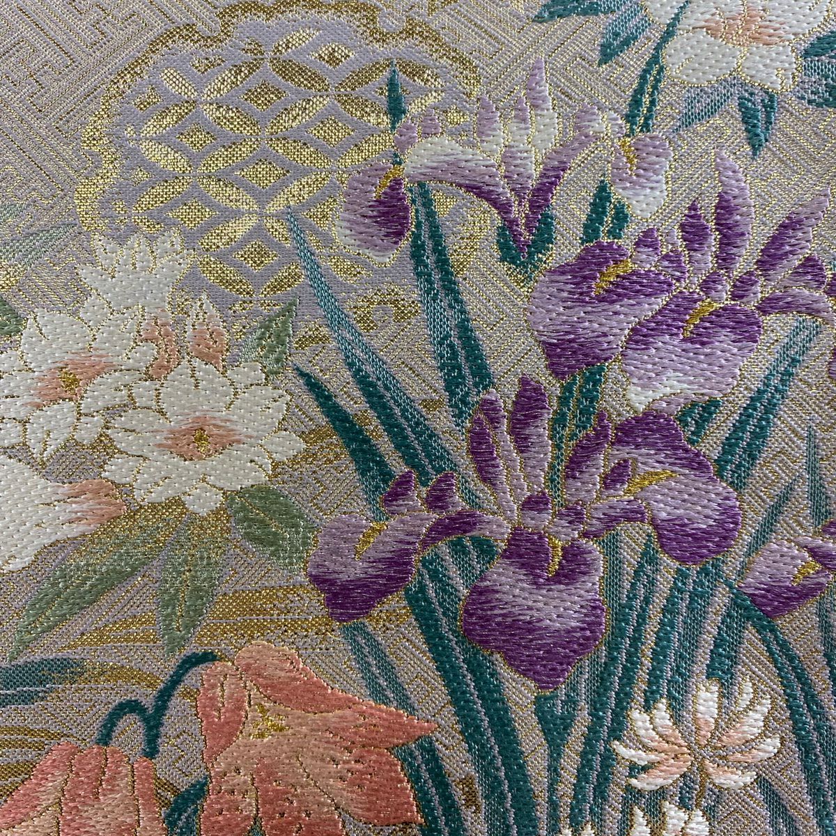 【庫存清倉】 袋帶 名品級 手先二通り 四季彩花紋 吉祥有職紋 刺繡 金金箔 灰紫 お太鼓圖案 純蠶絲