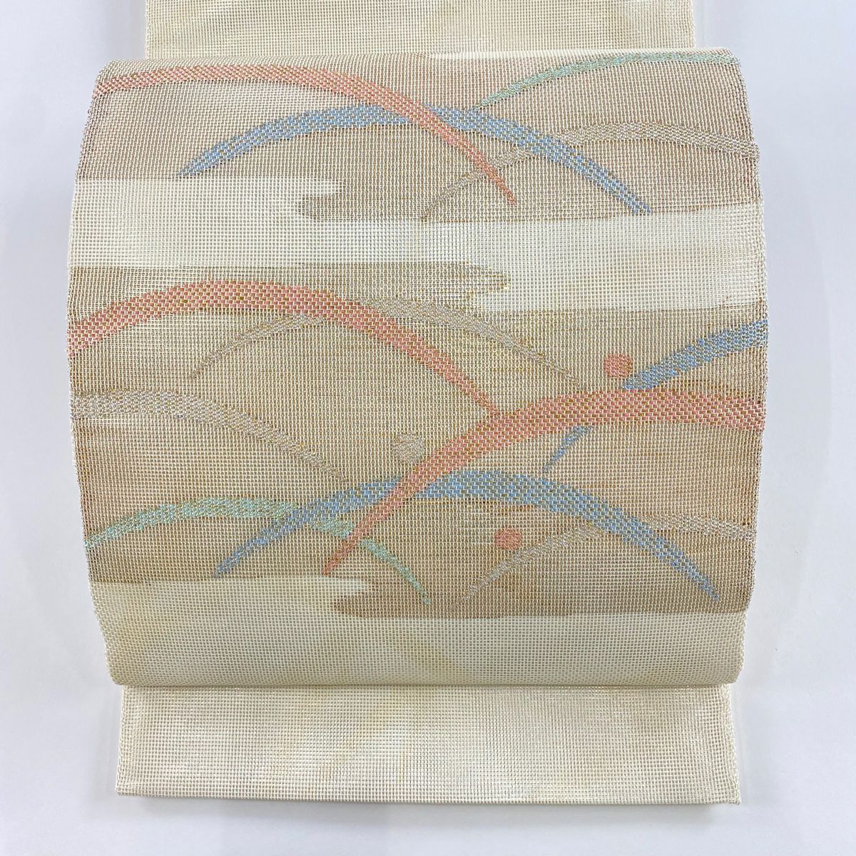 【庫存清倉】 袋帶 優品級 露芝 ヱ霞 金金箔 奶油色 大鼓圖案 純蠶絲