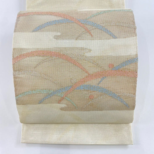 【庫存清倉】 袋帶 優品級 露芝 ヱ霞 金金箔 奶油色 大鼓圖案 純蠶絲