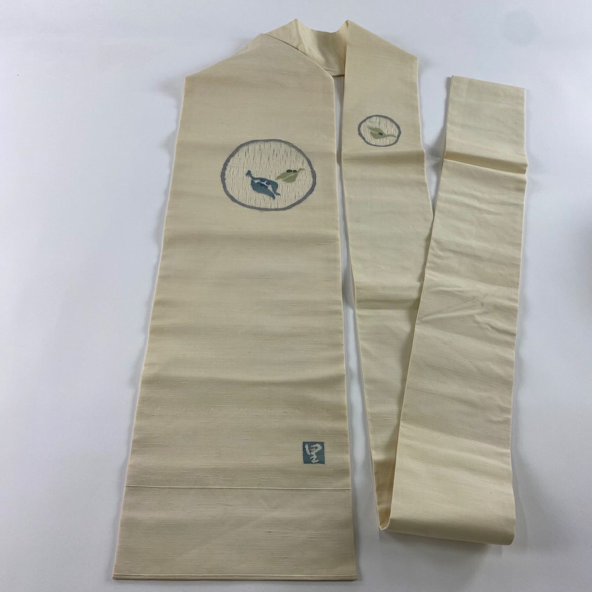 【庫存清倉】名古屋帶 優品級 有落款 關西仕立 葉紋 圓文 米色 純蠶絲