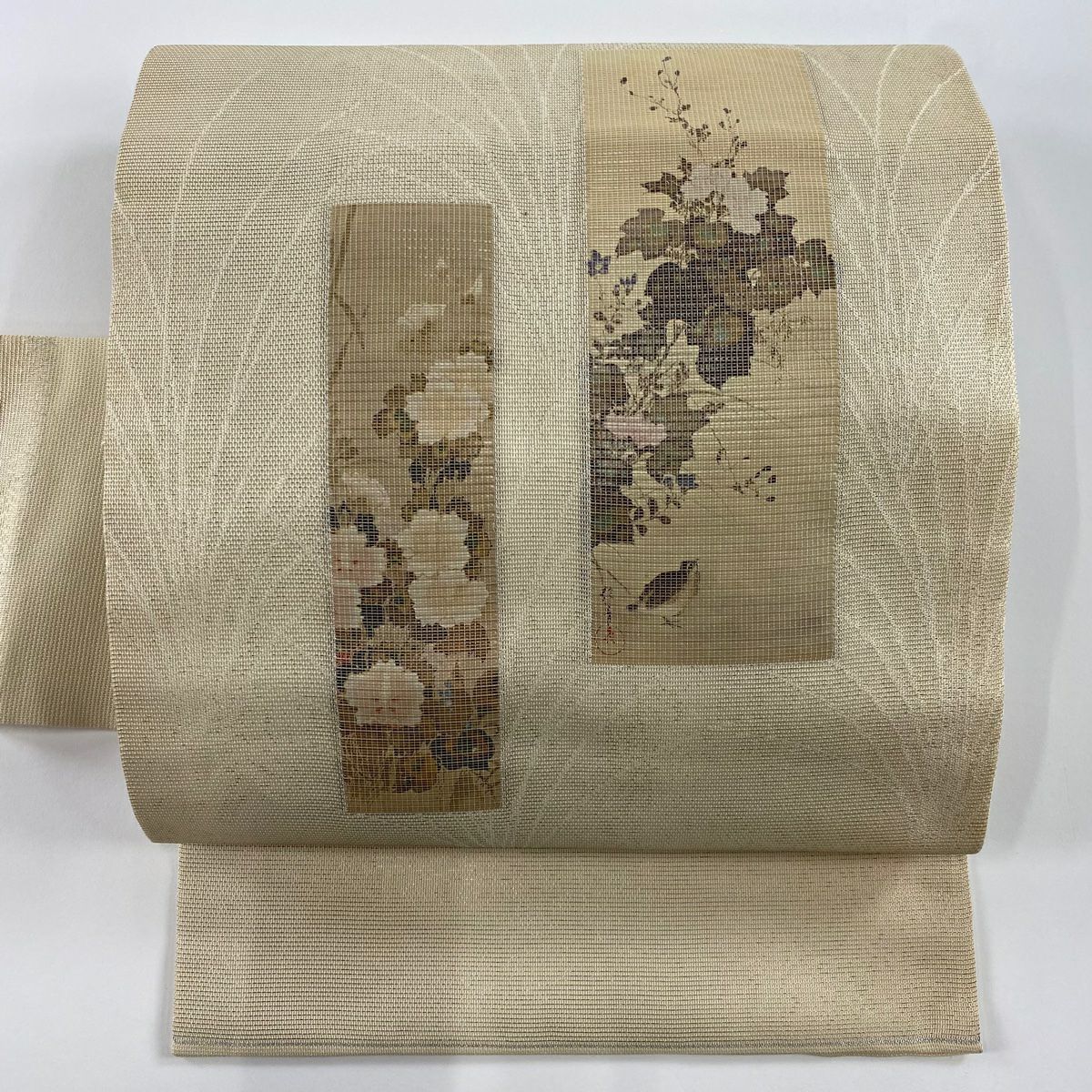 【庫存清倉】 名古屋帶 優品級 關西仕立 夏帶 花鳥圖 金金箔 米色 純蠶絲