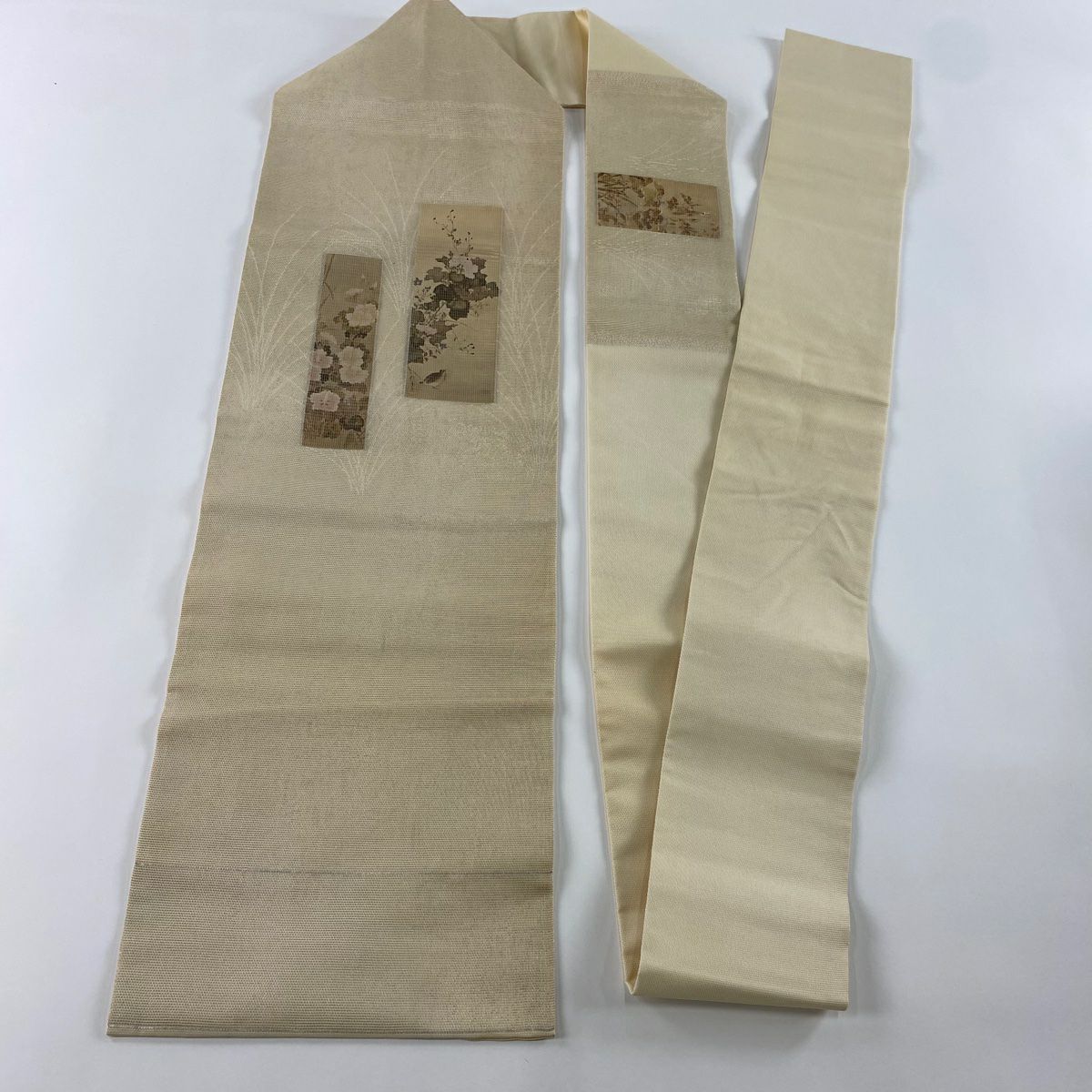 【庫存清倉】 名古屋帶 優品級 關西仕立 夏帶 花鳥圖 金金箔 米色 純蠶絲